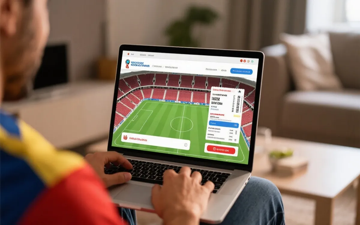 球迷在电脑前通过官方网站购买世界杯门票的场景